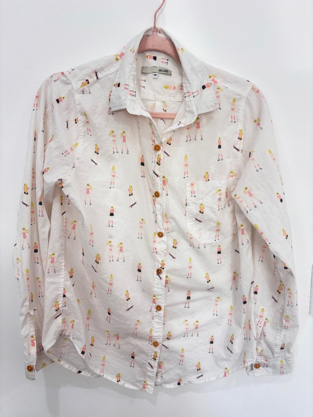 Acôté Skater Girl Print Shirt Medium Roller Skating Button Down Blouse